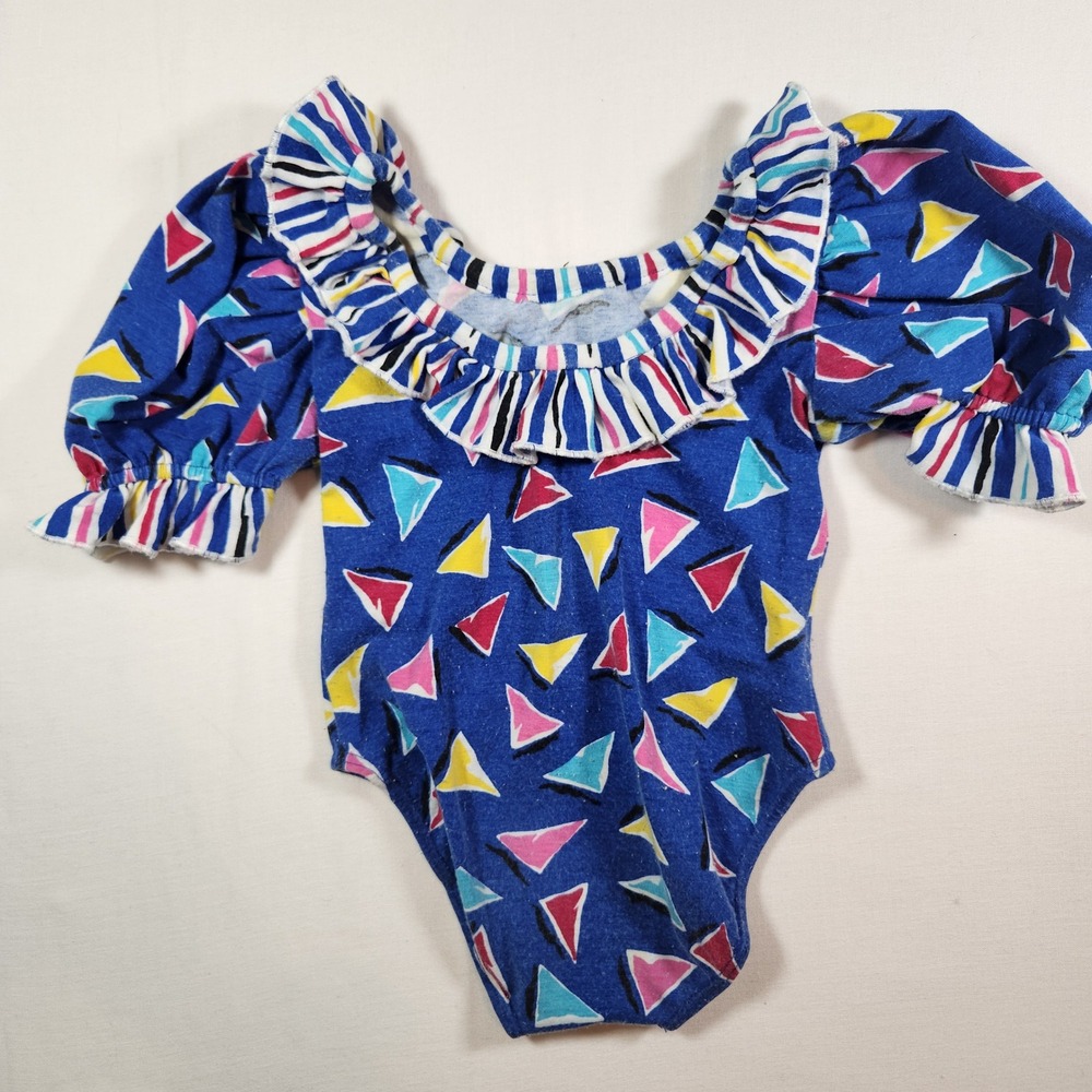 Vintage‎ 80s Toddler Girls Geometric Triangle Puff Sleeve Ruffle Leotard Blue